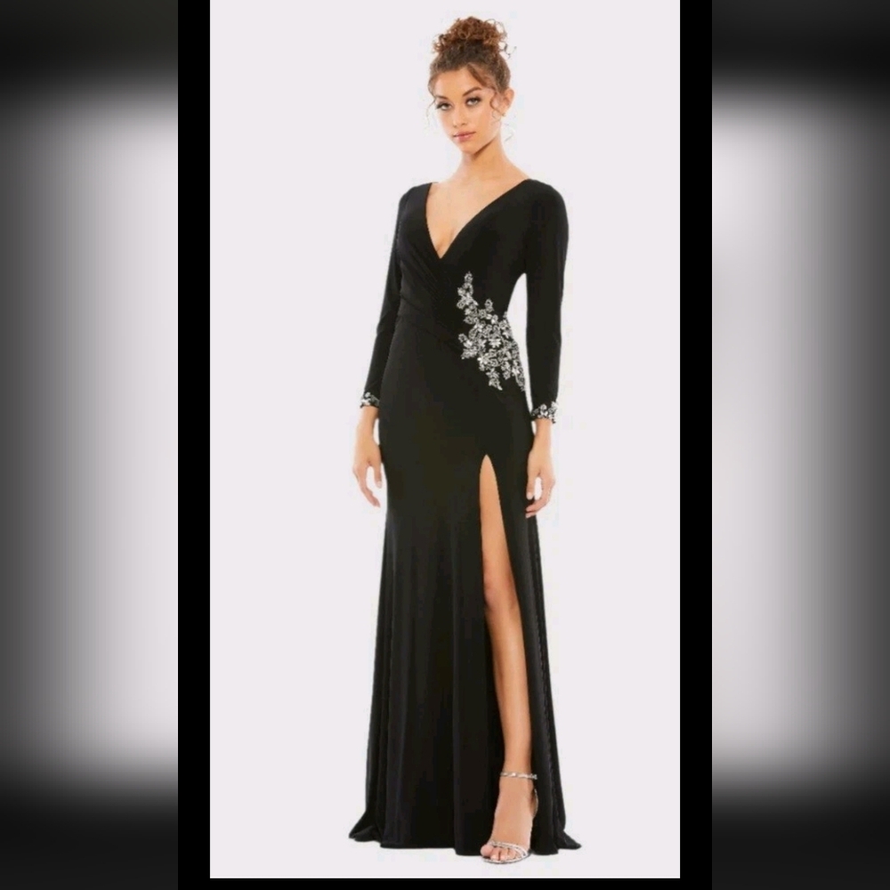 Mac Duggal Floral Embellished Faux Wrap Jersey Gown Size 14 In Black 41016 NWT